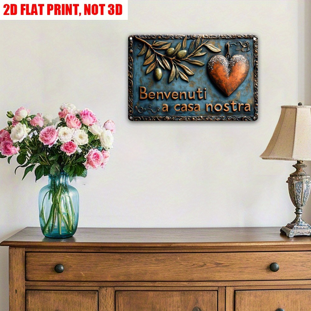 Vintage Italian Benvenuti a Casa Nostra Metal Sign Olive Branch Heart Home Decor