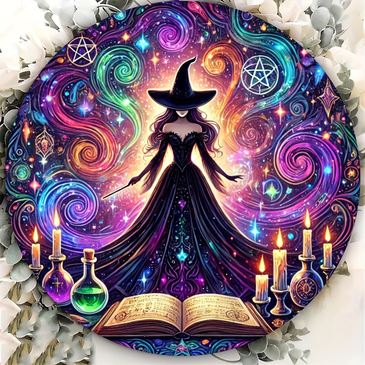 Tin Metal Signs 8x8inch Aluminum Witch Theme 2D Wall Art, 1pc Foil Engraving Wit