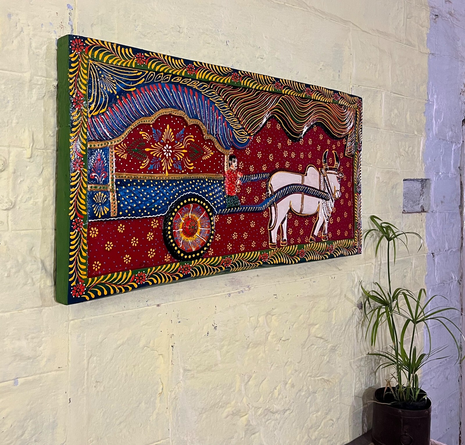 Wooden bullock cart panels hanging plaque door home entrance decor culture India