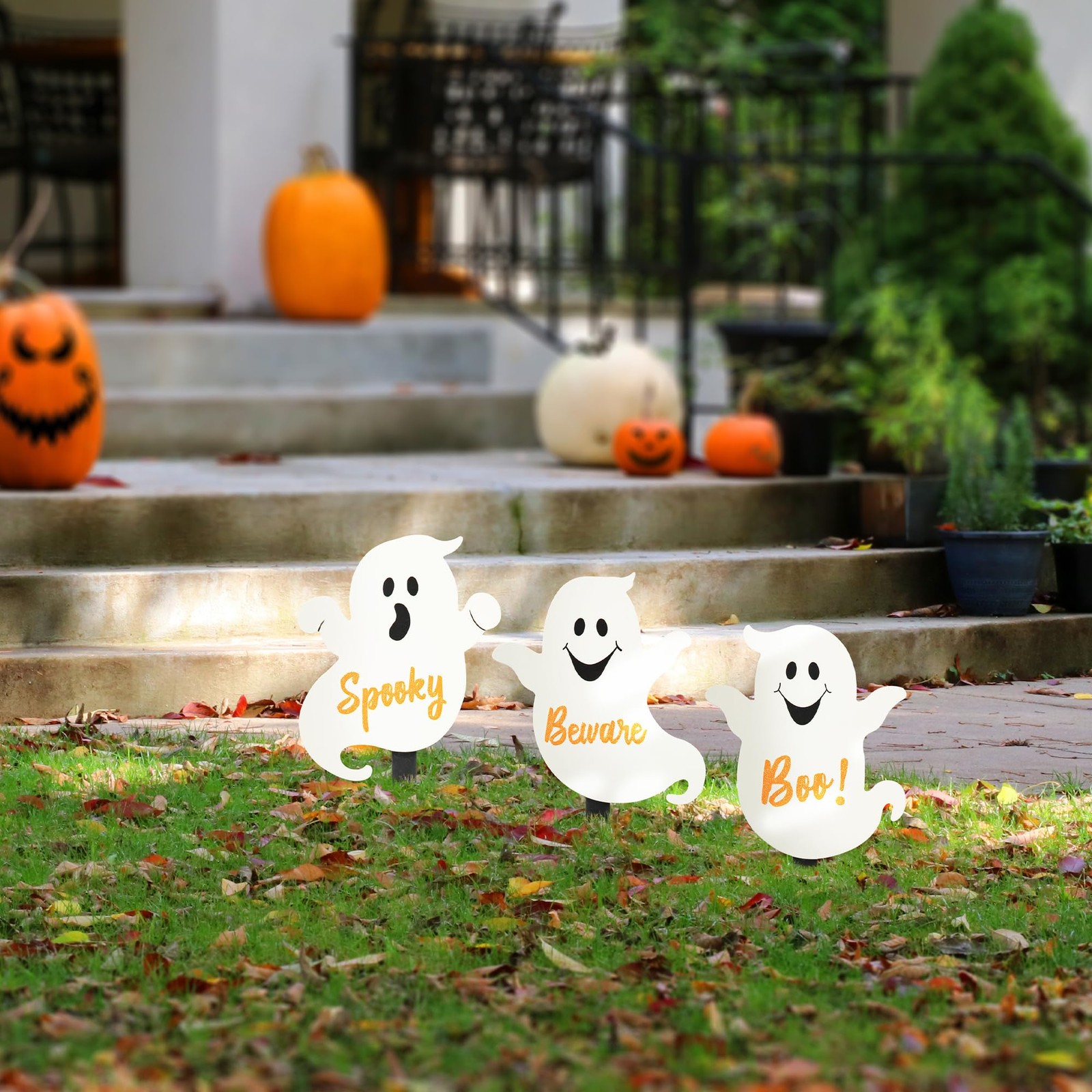 15″ H Set of 3 Halloween Ghost Yard Signs with Stakes,Wooden Outdoor Ghost La…