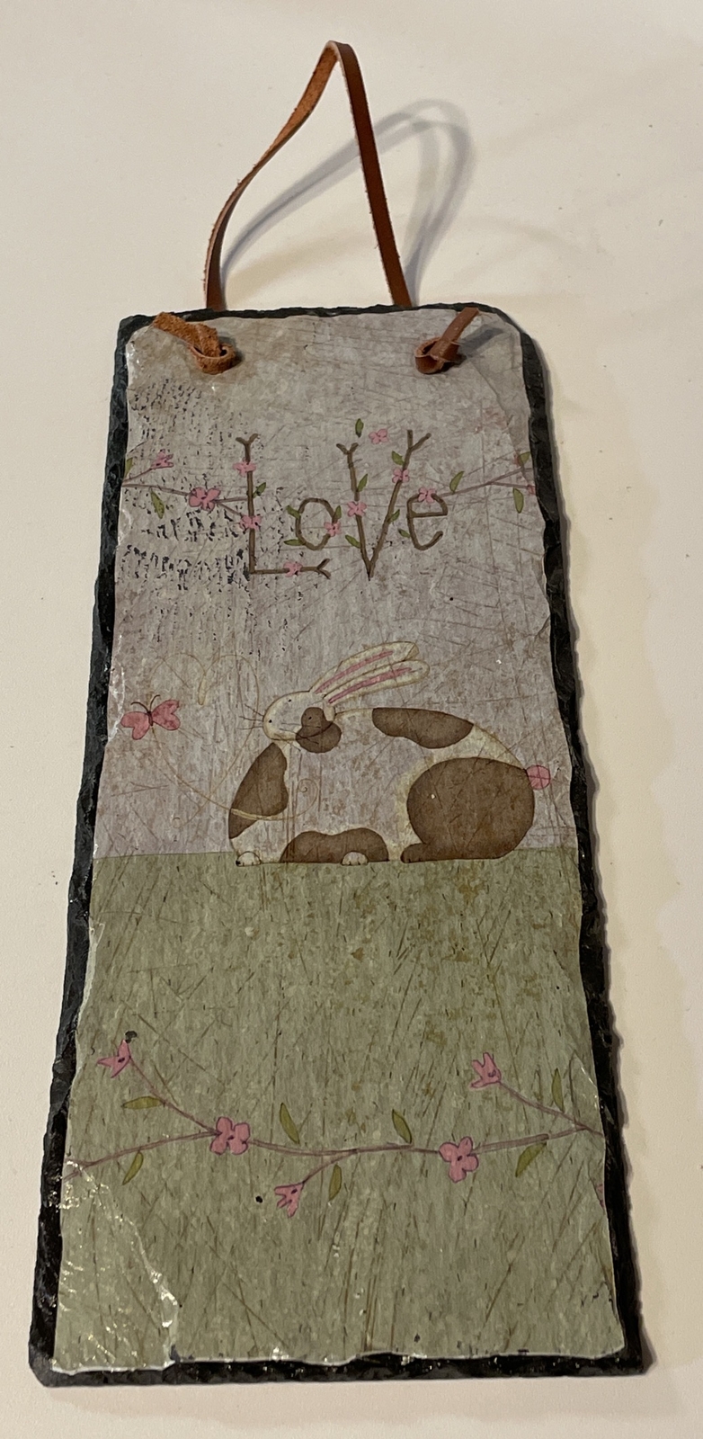 Rectangular Slate Wall Decor Bunny & Butterfly Design Distressed “Love”