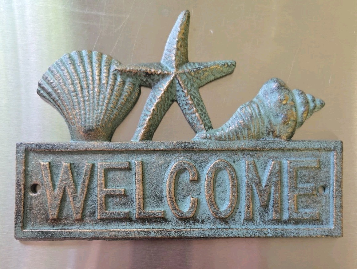 Heavy Cast Metal WELCOME sign Faux Patina Beachy Vibe With Sea Shells. #01