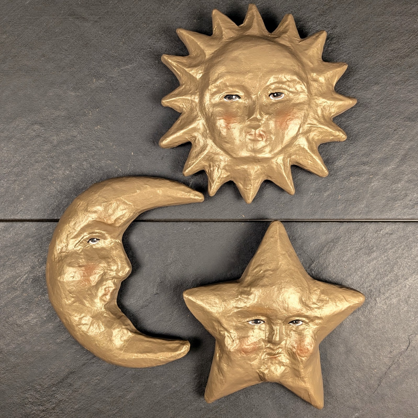 Handmade Celestial Gold Chalkware Sun Moon Star Faces Wall Plaques Set of 3 ~6″
