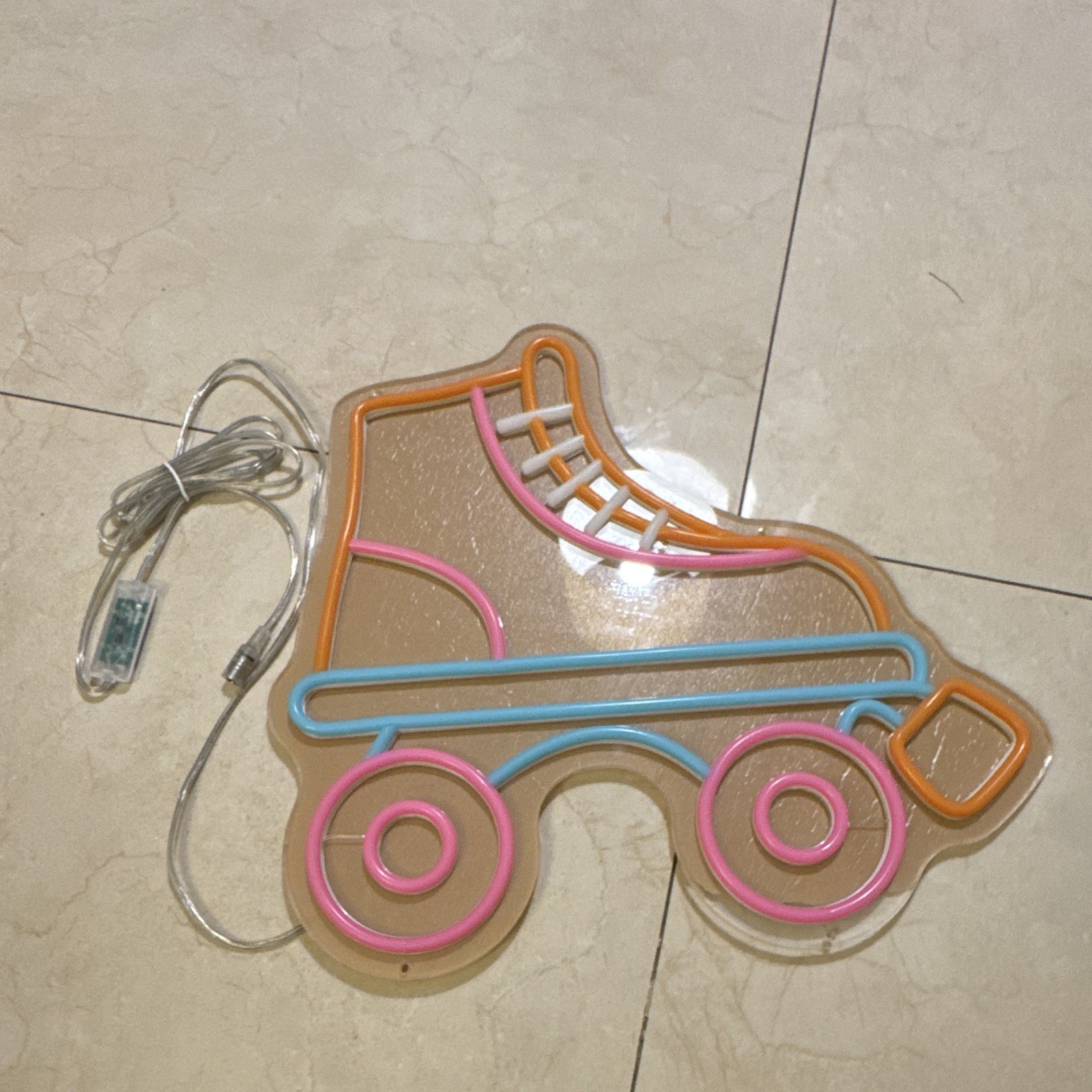 Illuminated Roller Skate Wall Sign Plaque, Plastic, Pink Blue Orange White