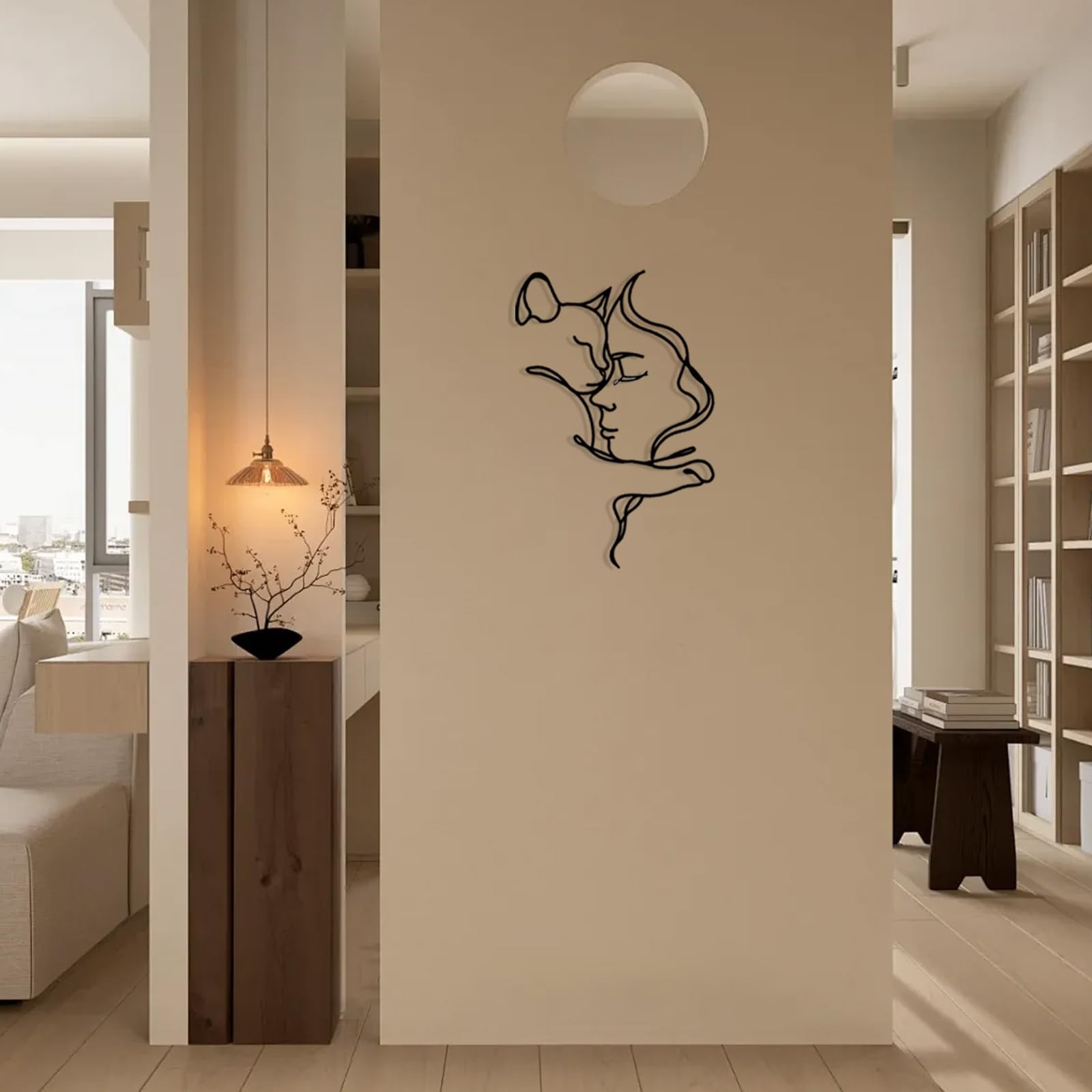 Metal Art Wall Decor – Beautiful Woman and Cat Line Decoration – Elegant