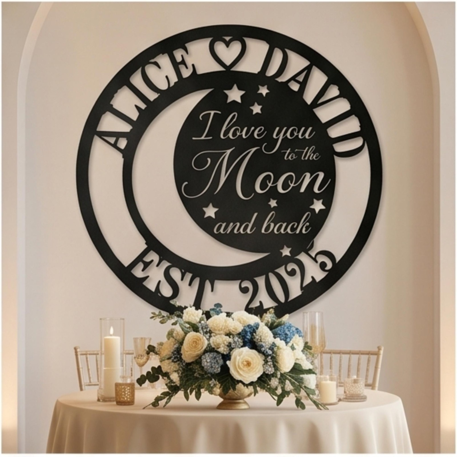 Personalized Moon & Stars Metal Sign, Custom Couple Wall Art, Anniversary Gift