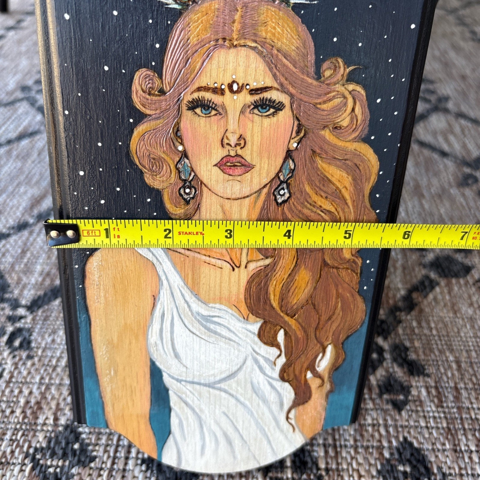 Celestial Goddess Wood Burned Wall Art Plaque Black Hand Painted Wood Mystic
