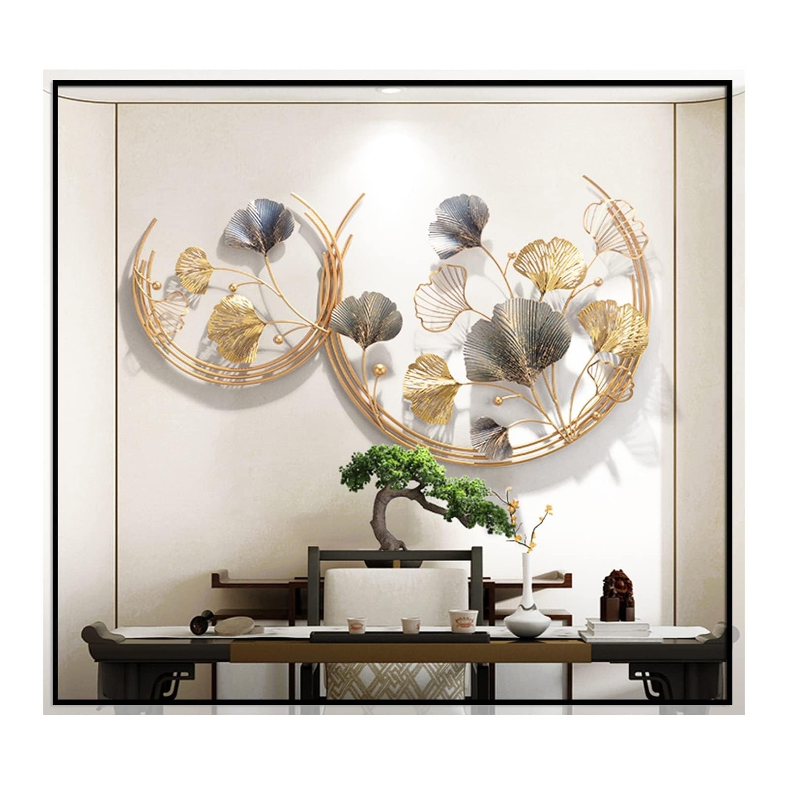 3D Room Wall Decor, Handmade Art Metal Round Golden Ginkgo Leaf Decorative Wa…