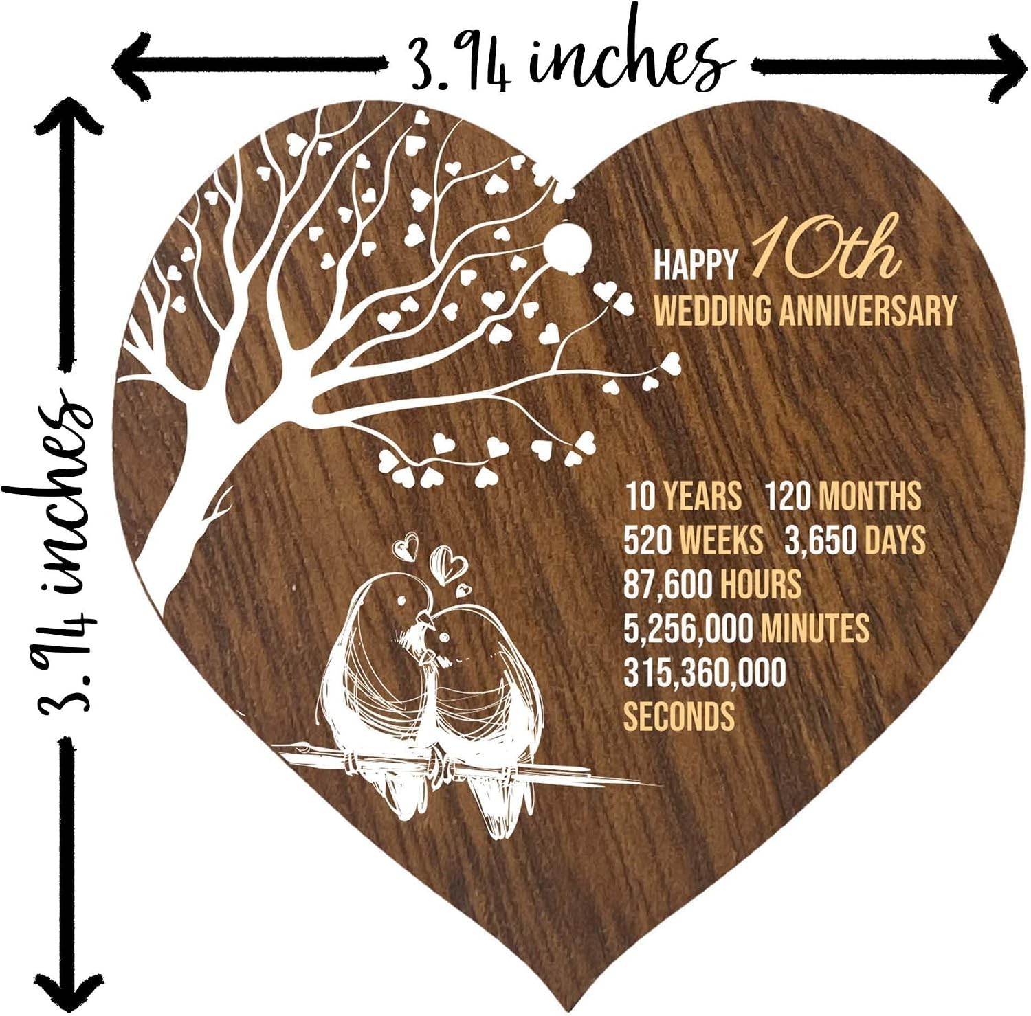 10th Wedding Anniversary Wooden Heart Plaque, Dark Wood Sign Keepsake, Celebr…