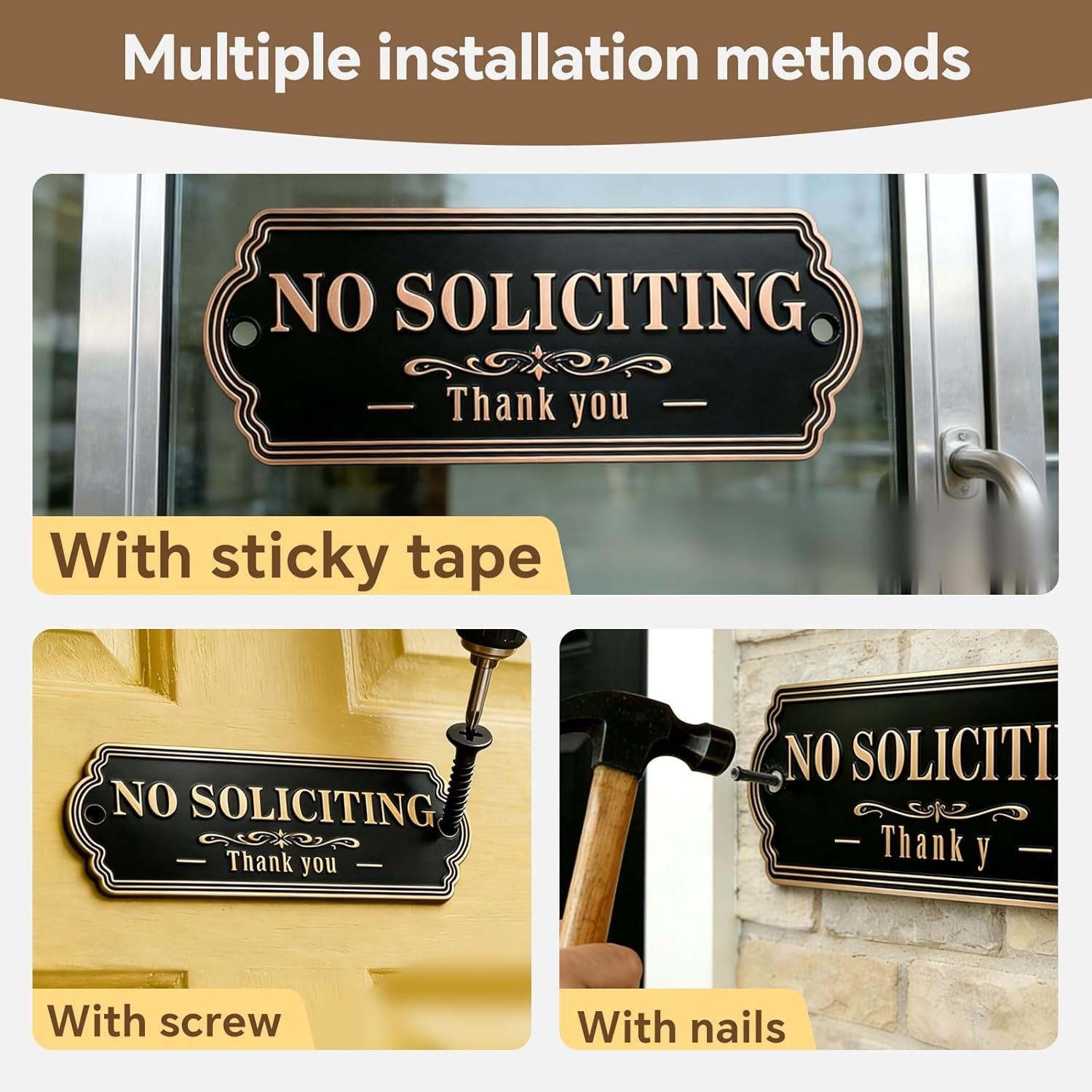 No Soliciting Sign Brass Durable No Soliciting Sign for Front Door House Office