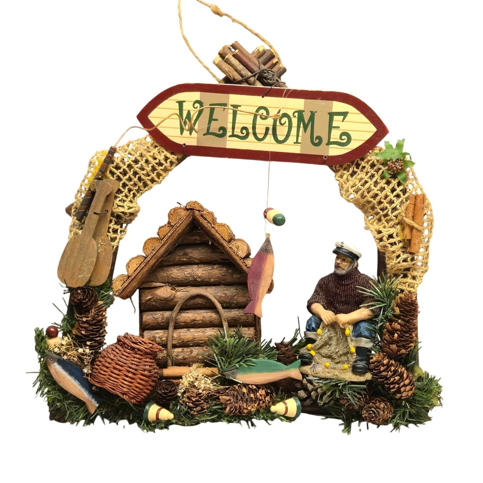 Nautical Fisherman Welcome Door Hanger Wreath Cabin Fishing Lodge wall decor 12″
