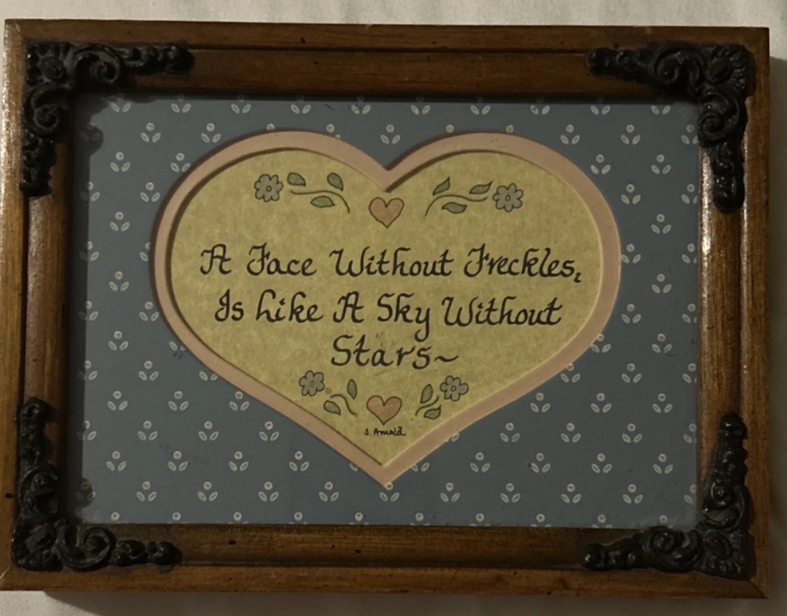 VTG Framed Heart Plaque, Blue Floral Country cottage freckles baby signed