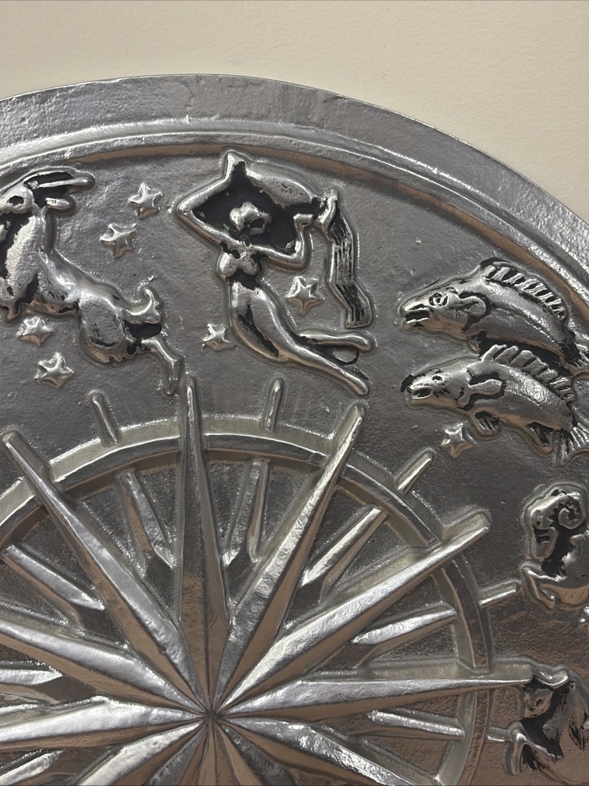Rare Zodiac, Sun, Starburst astrology Metal Wall Plaque 3D Silver Color 23.5” D