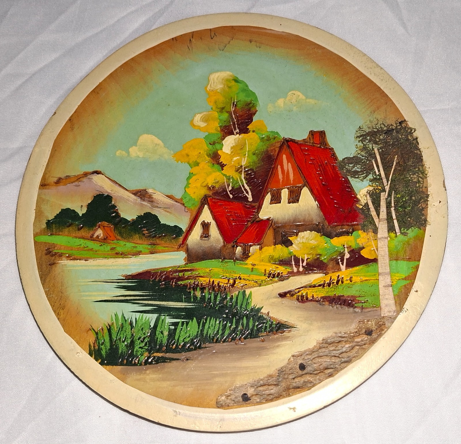 Vintage Hand Painted Round Wood Plaque Cabin Landscape Real Bark Accents