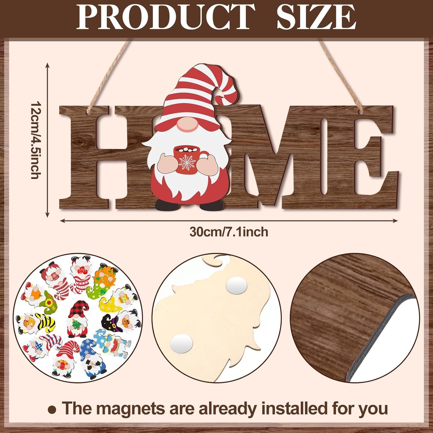 Wooden 3D Gnome Door Sign with 12 Interchangeable Themes for All Seasons