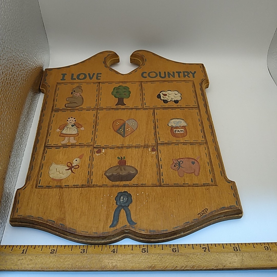1980s I Love Country Folk Art Quilt Look Wood Wall Plaque Cottage Core Goose Jam