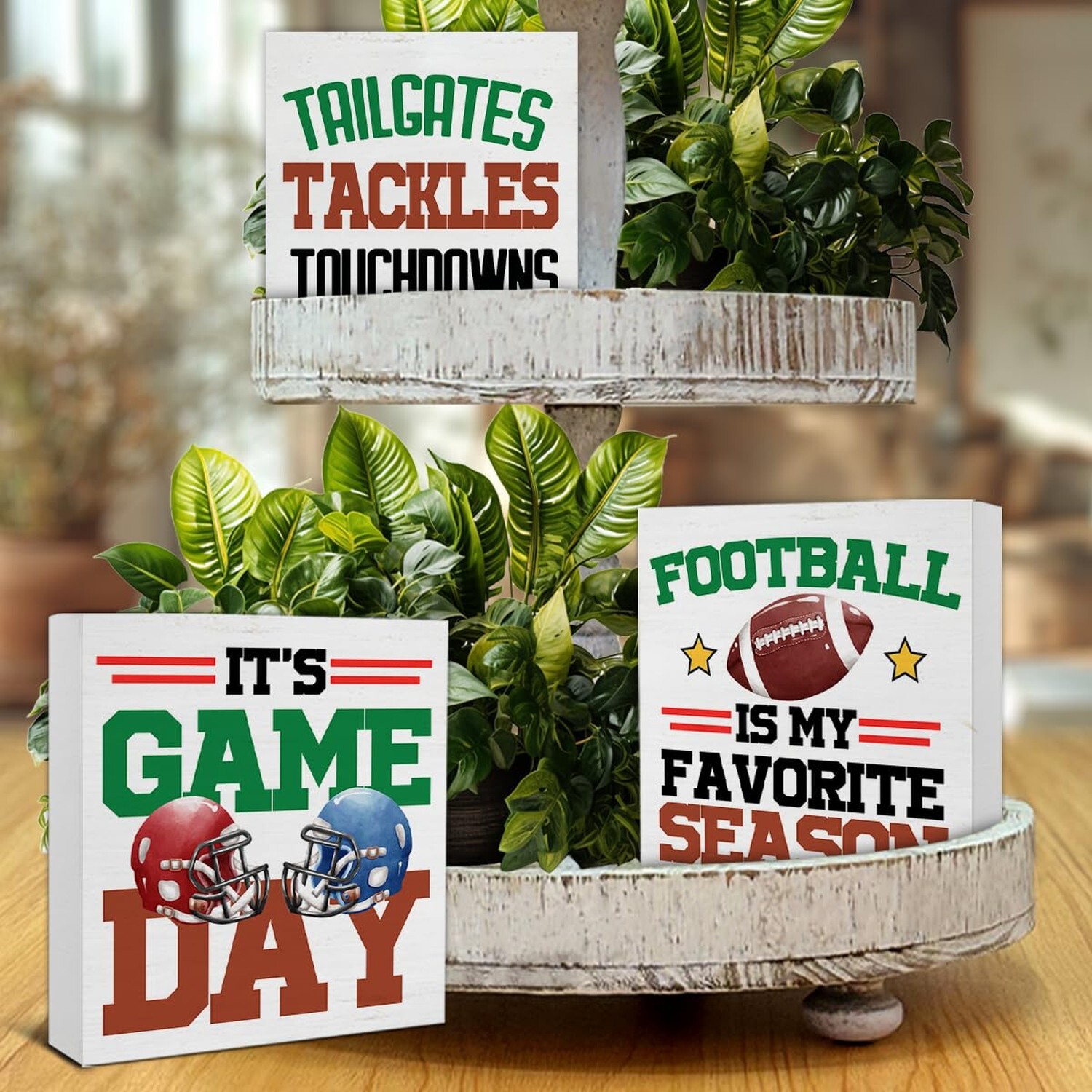 3 Pcs Football Wood Signs Decor Football Sports Wood Block Signs Football Sea…