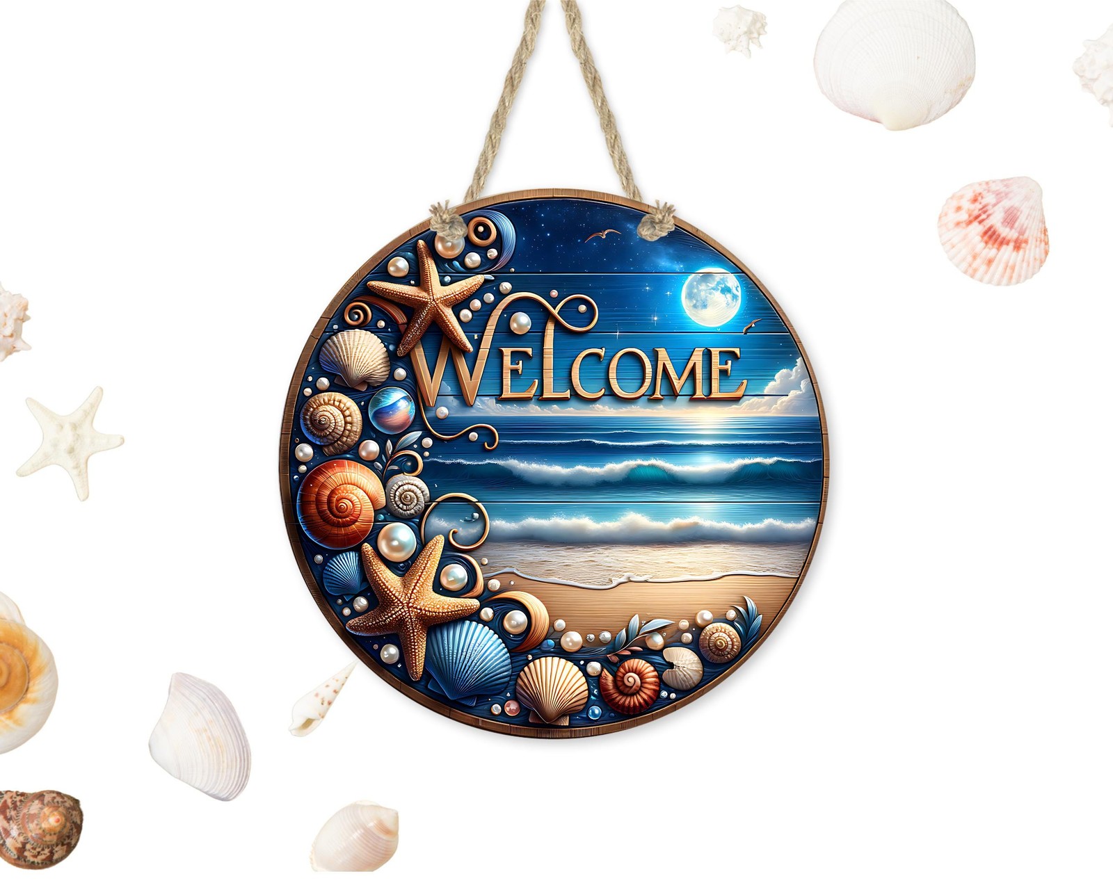 Welcome Beach Aluminum Door Sign: Seashell Decor, UV Protected