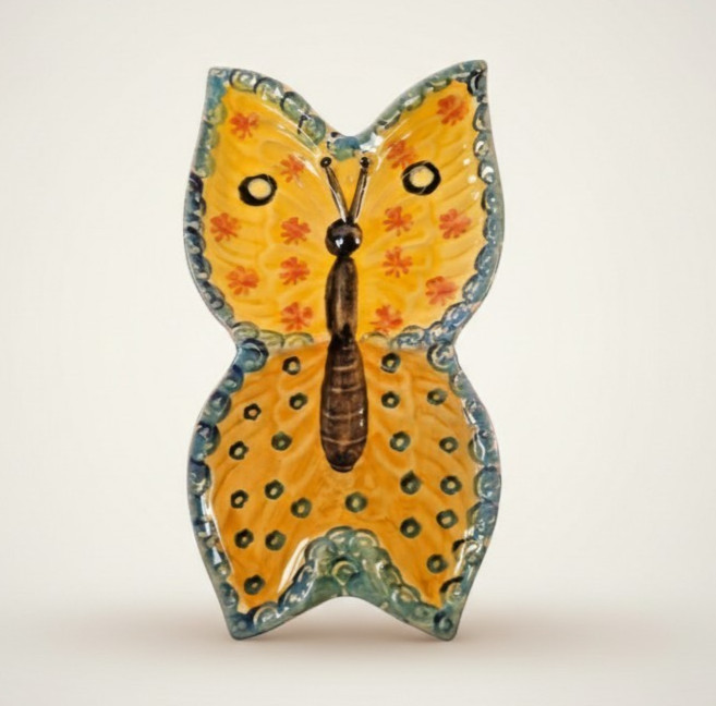 MCM Italian Ceramic Butterfly Wall Art Hand Painted Yellow Blue 9″ Decor