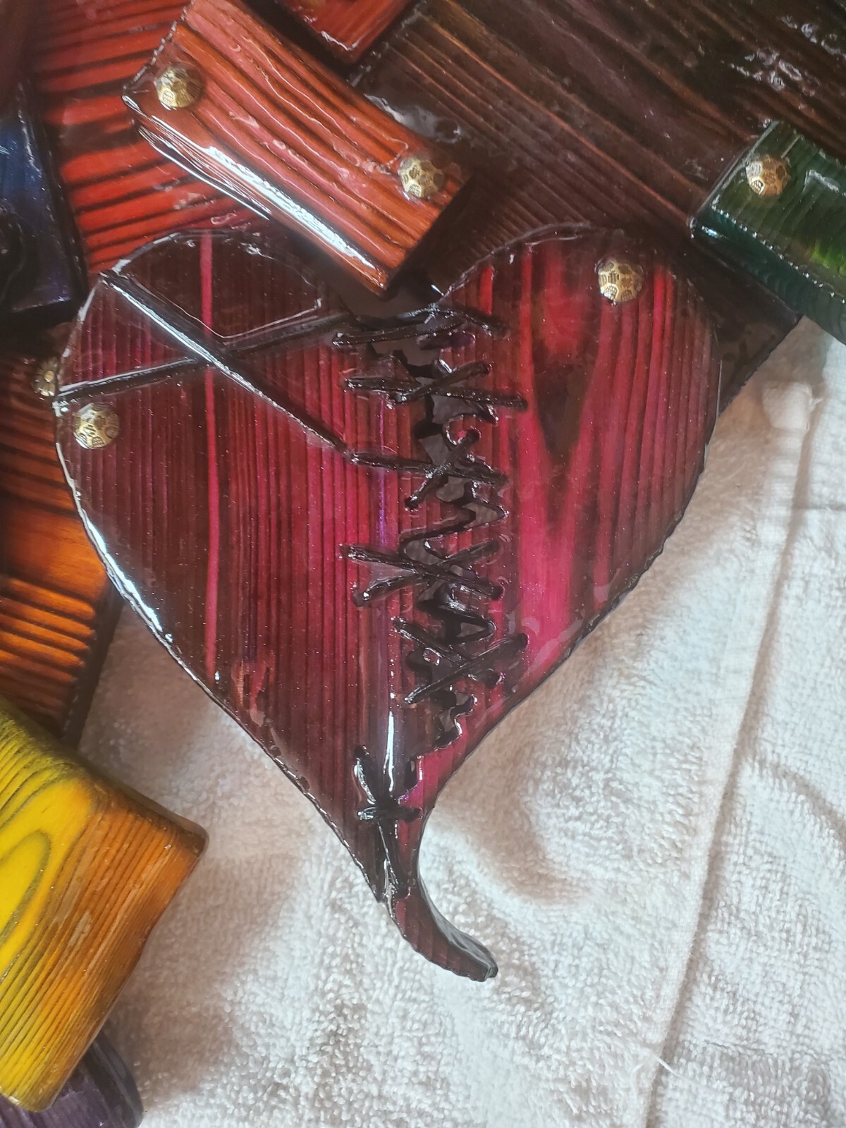 One-of-a-kind, handmade, colorful wooden wall art with mirror.