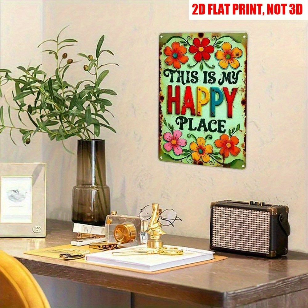 Retro Garden Decor Metal Sign This Is My Happy Place Colorful Floral Plaque 12×8
