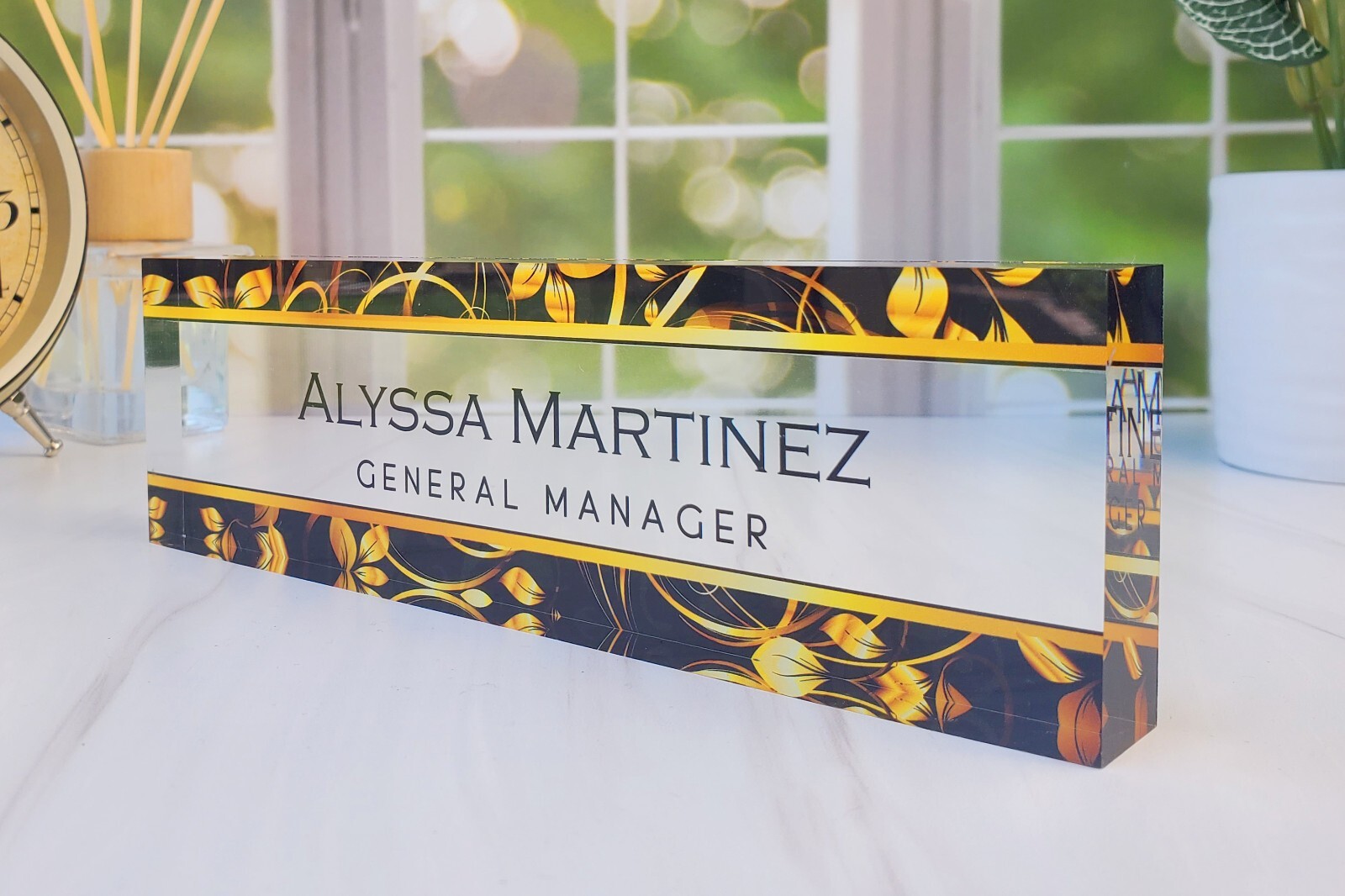 Custom Office Desk Name Plate Personalized Acrylic Plaque Golden Leaf CAB21LF
