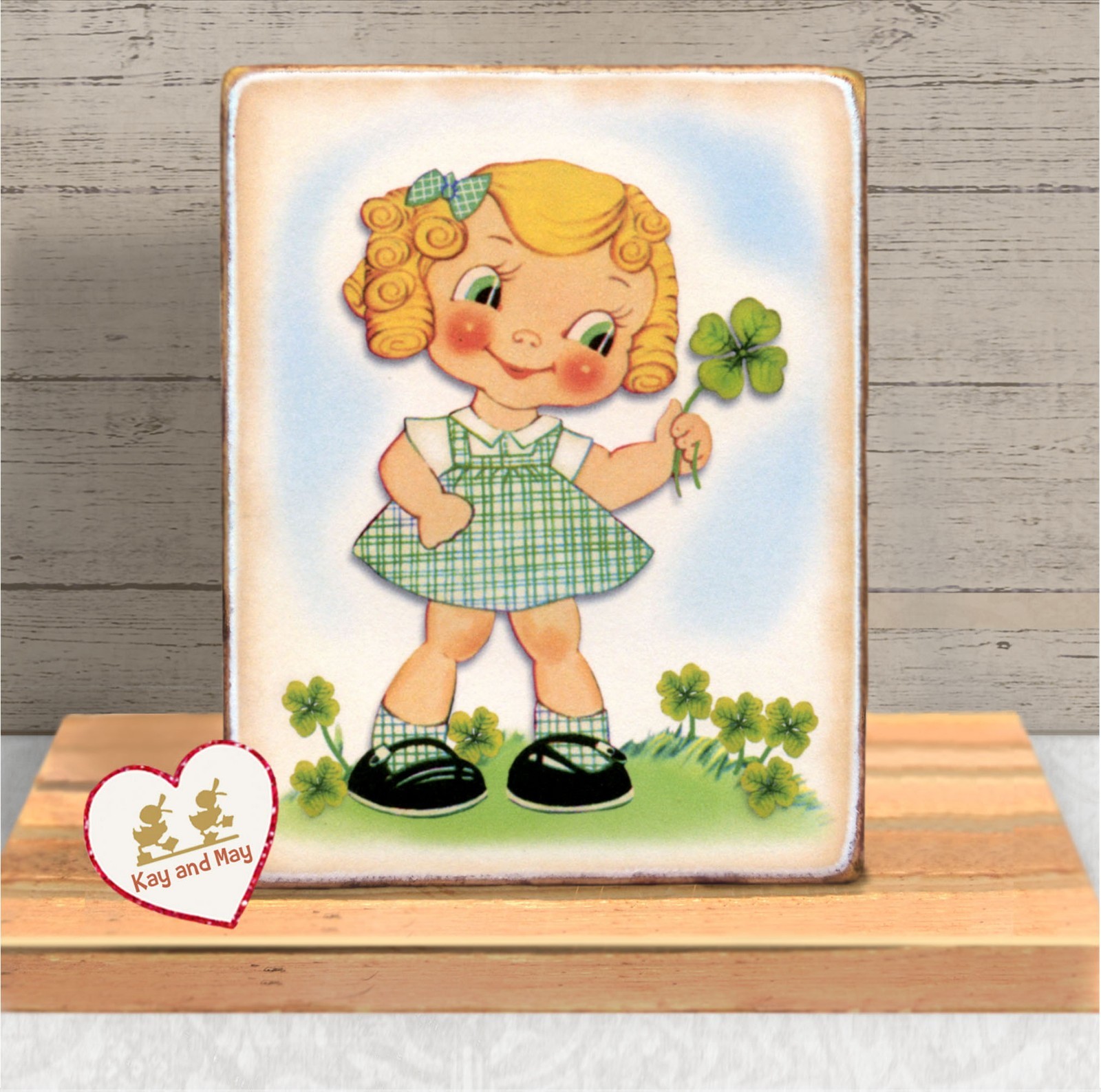 St. Patrick’s Day Girl with 4 leaf Clover Irish themed tiered tray decor WB-127