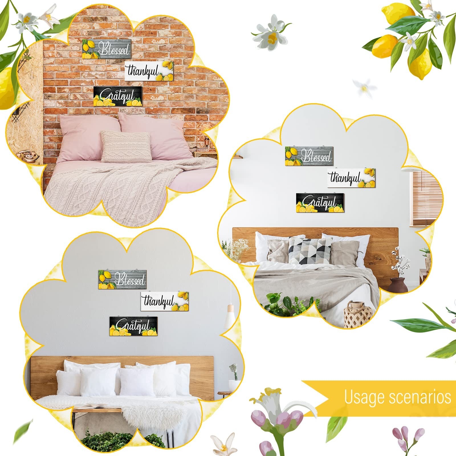 Amyhill 3 Pieces Lemon Wall Decor Grateful Thankful Blessed Wall Art Signs Le…