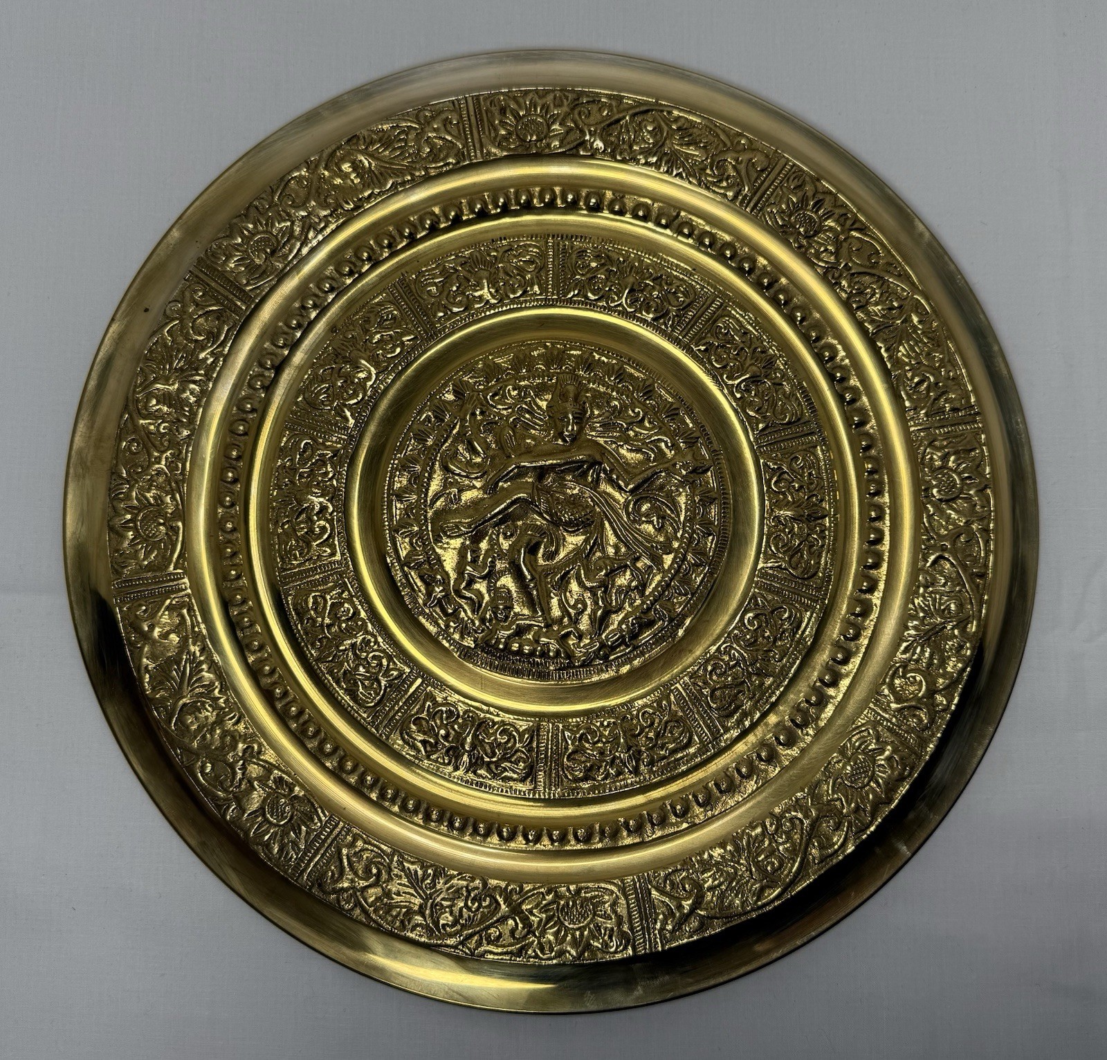 Vintage Brass Decorative Hindu India Tray Wall Plate Plaque Yogi Gods Dance 12”