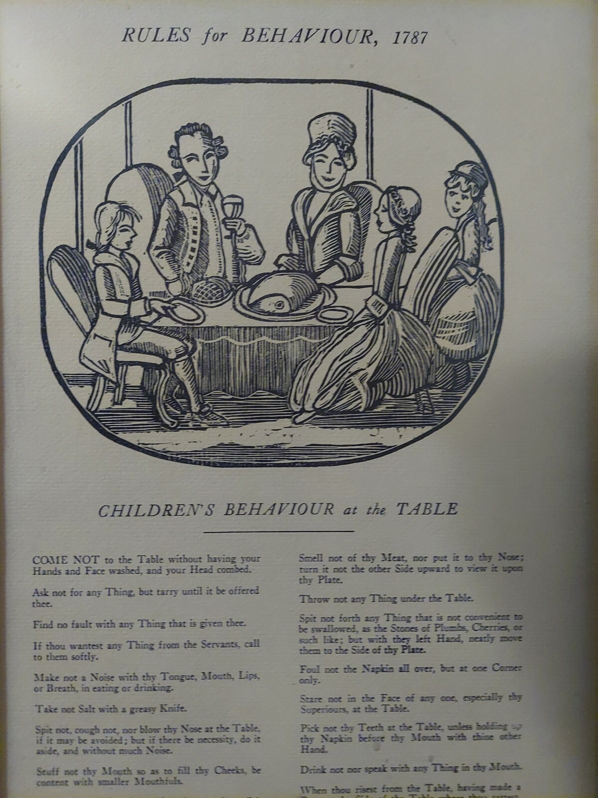 CHILDREN’S RULES FOR BEHAVIOR AT TABLE, 1787 FRAMED PICTURE, KITCHEN, RESTAURANT