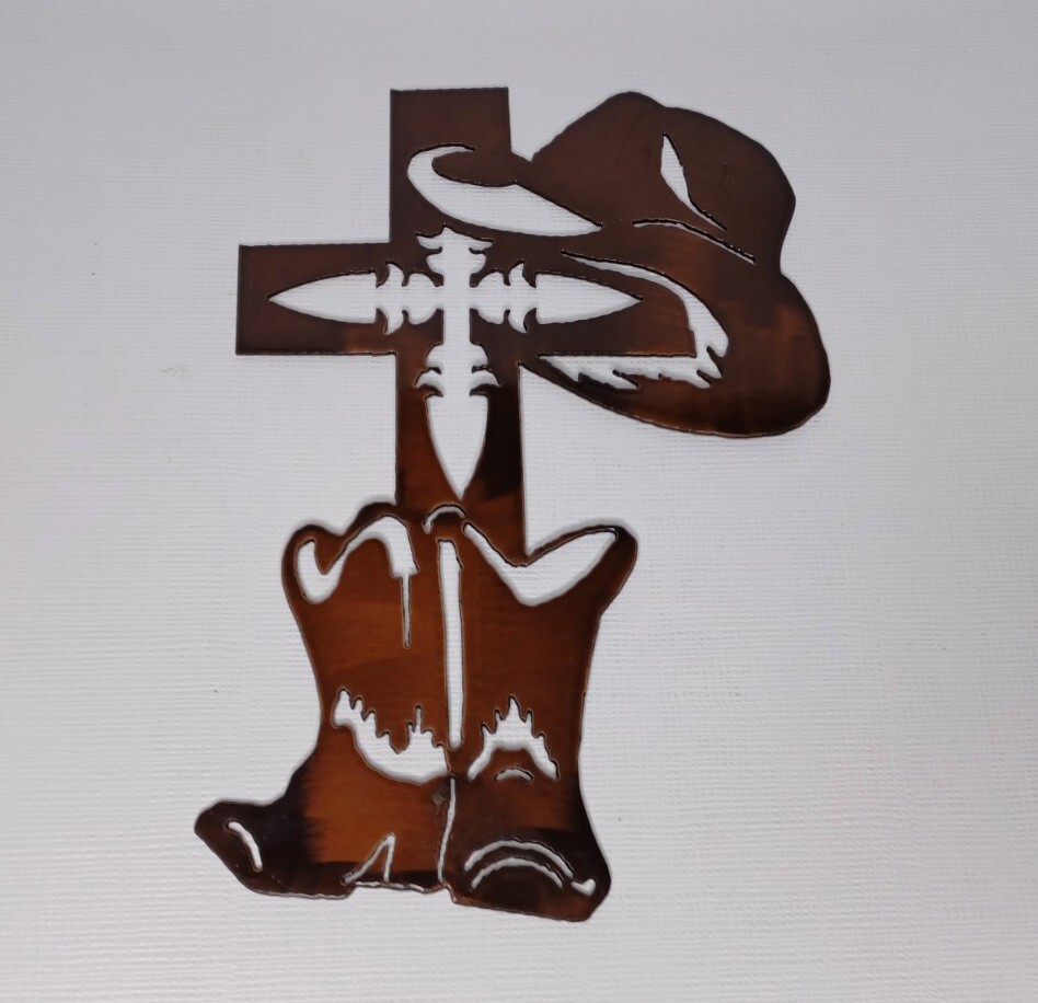 Country Cross Boots & Hat Powder Coated Metal Art