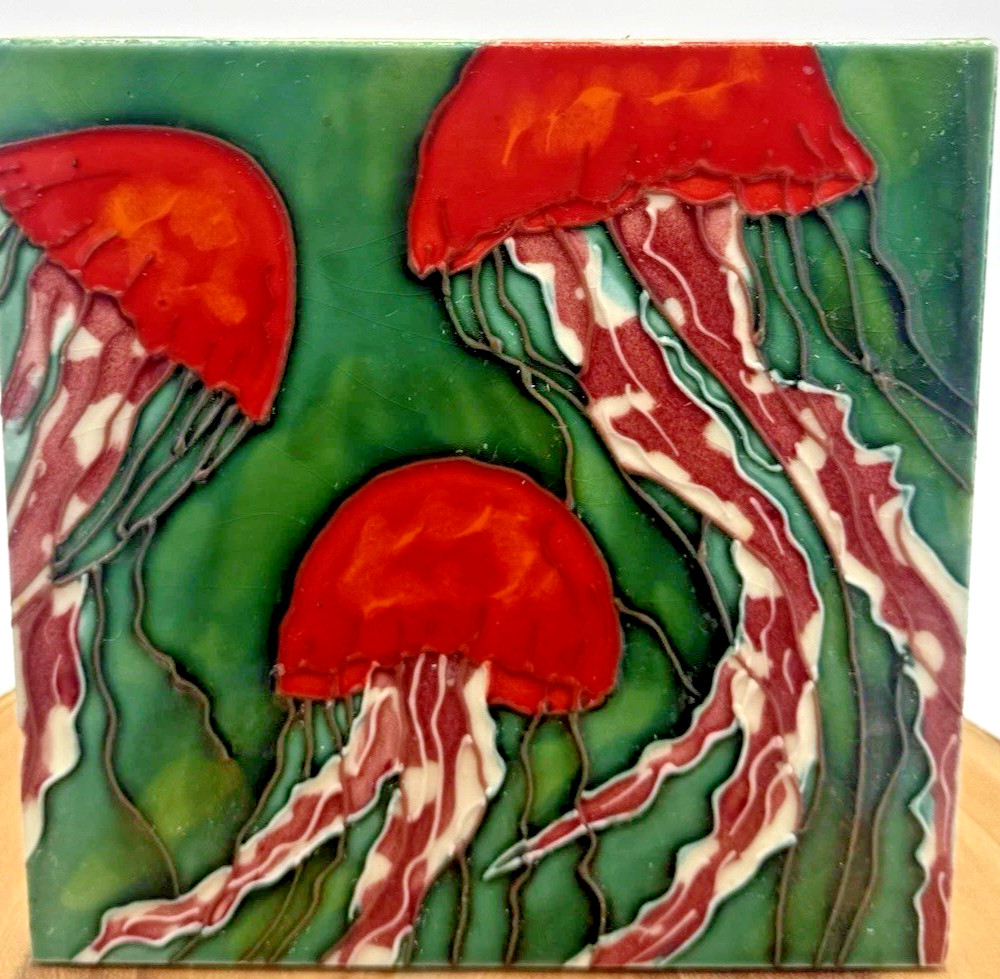 Colorful Art Tile Red Jellyfish Sea Life/Ocean Decorative Ceramic Signed 8″X8″