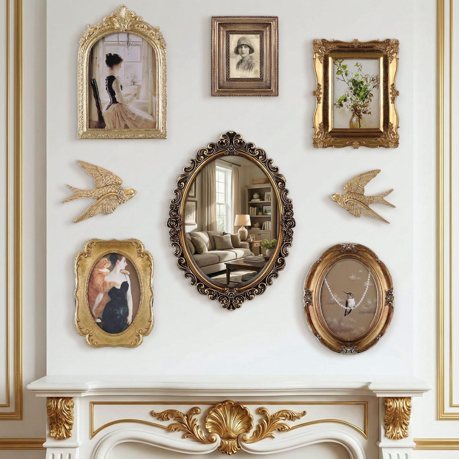 8 Pcs Vintage Picture Frames with Gold Mirror Bird Sculpture Antique Gold Gal…