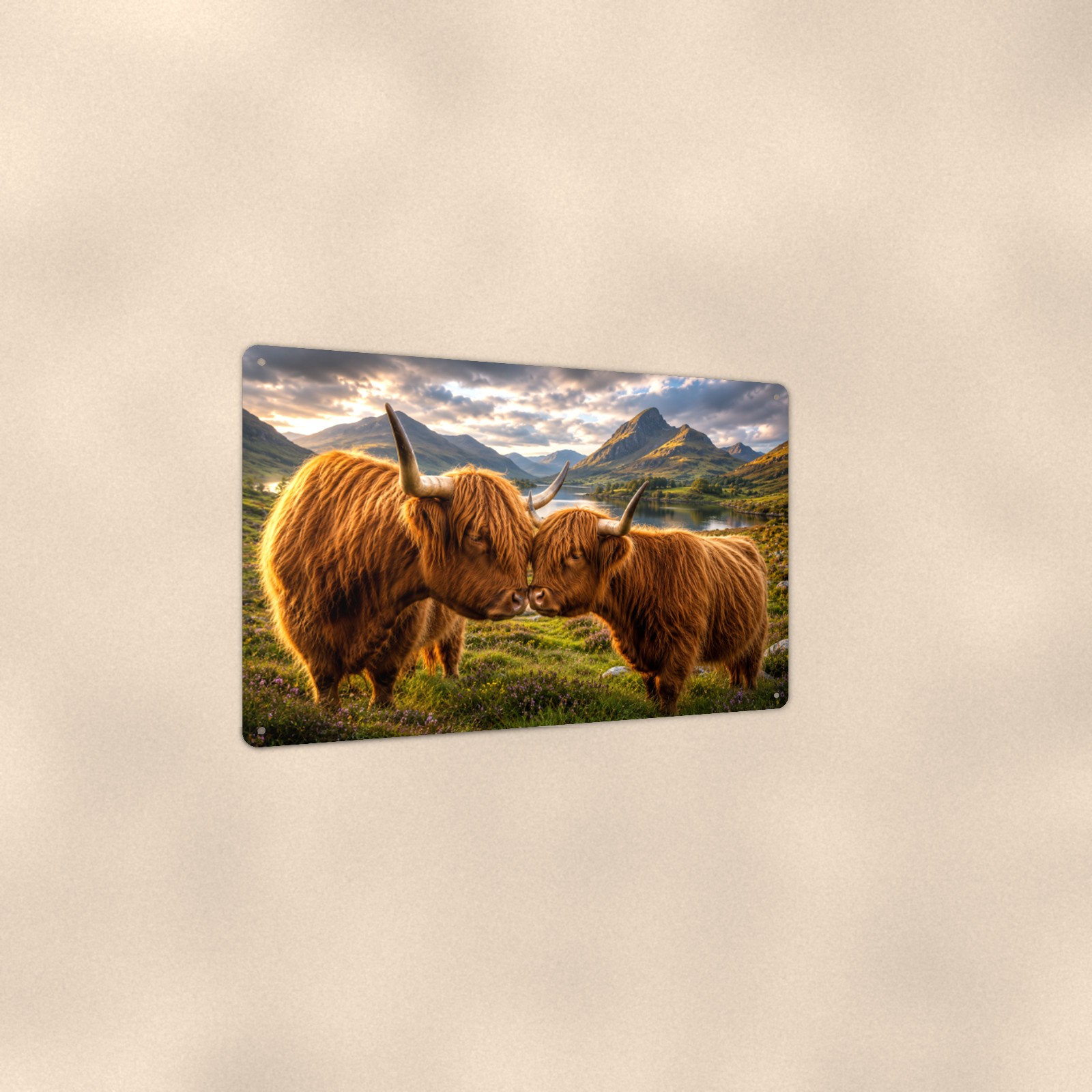 Nuzzling Highland Cow Pair Aluminum Sign 12 x 8, Metal Wall Art