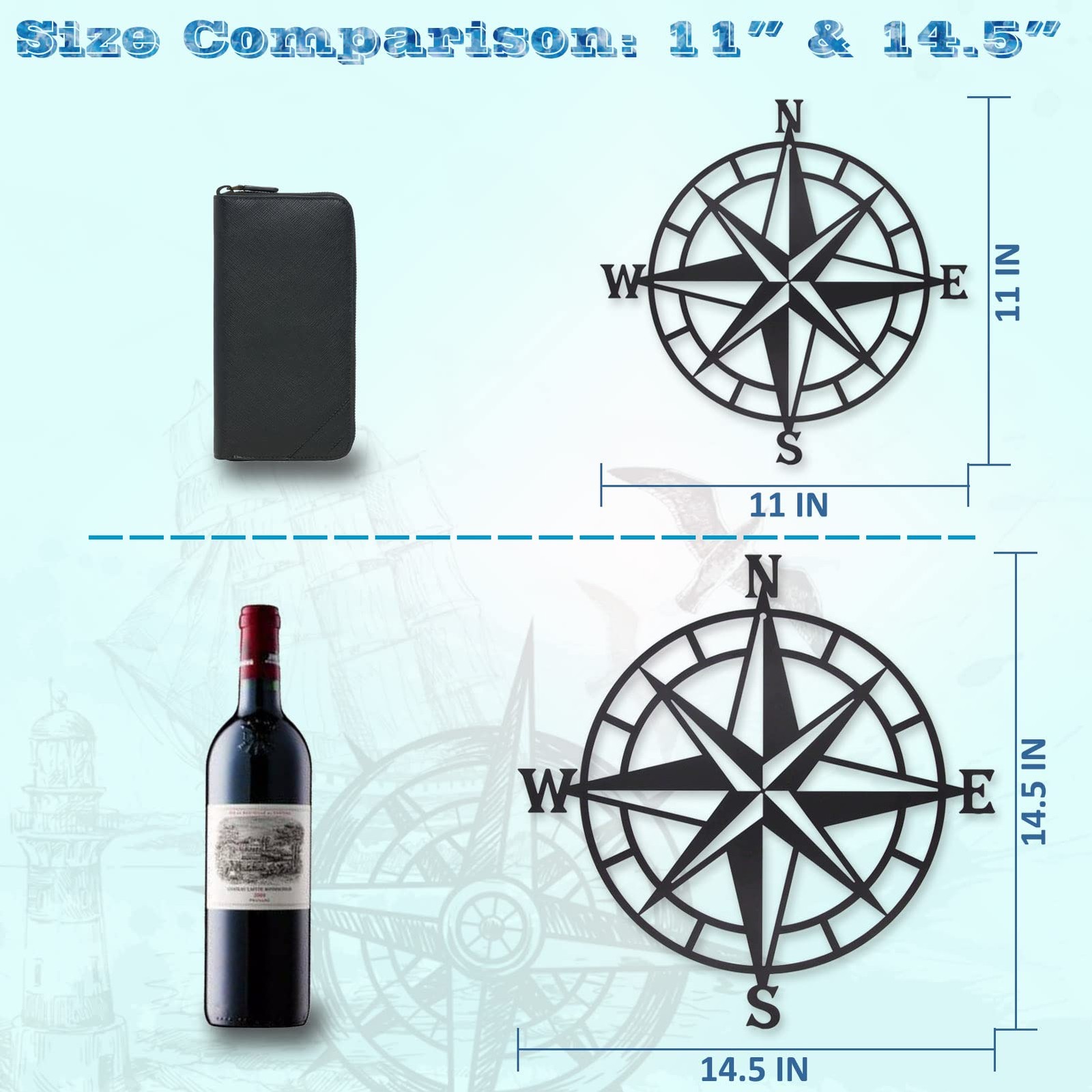 Black Metal Décorative Nautical Compass Wall Decor, Indoor or Outdoor Wall Ha…