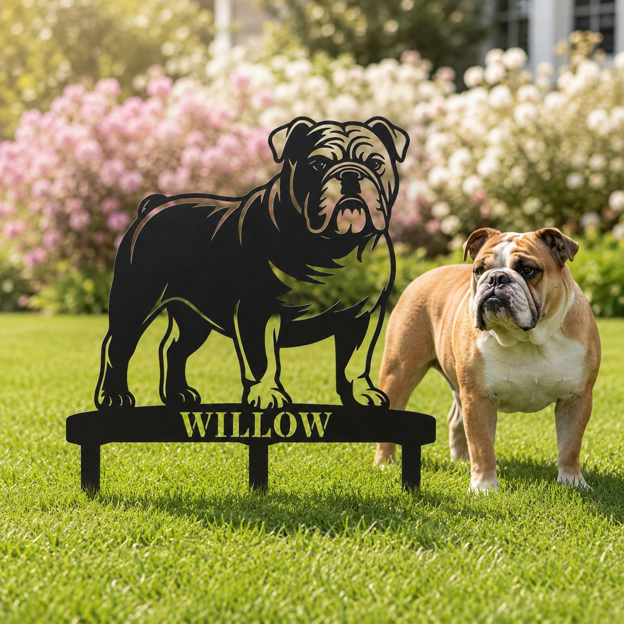 Personalized English Bulldog Garden Metal Sign With Stakes. Dog Lover Name Gift