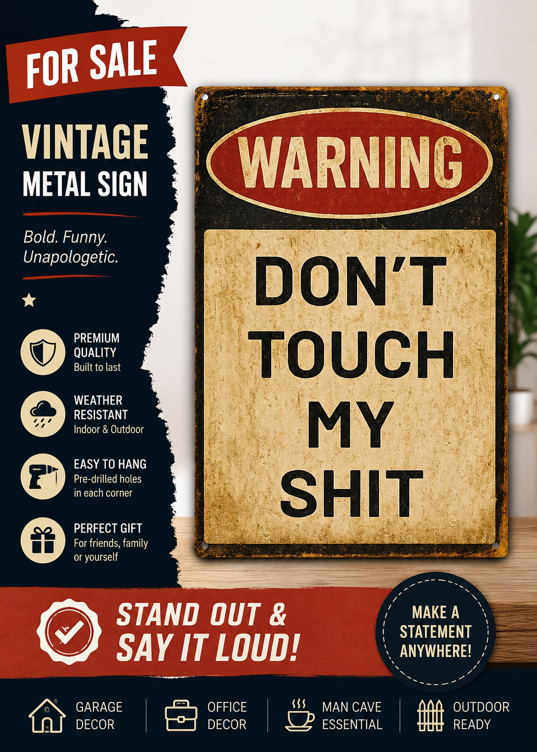 Vintage Don’t Touch Warning Metal Tin Sign Wall Art Man Cave Garage Home Office