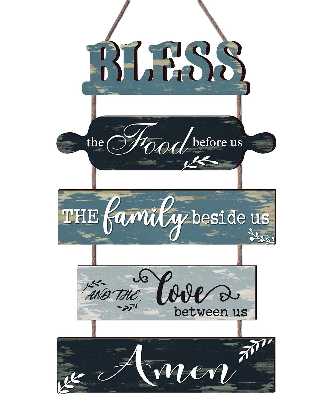 Farmhouse Kitchen Wall Decor – Teal Blue Rustic Wooden Sign Set, Dining Art 5pcs