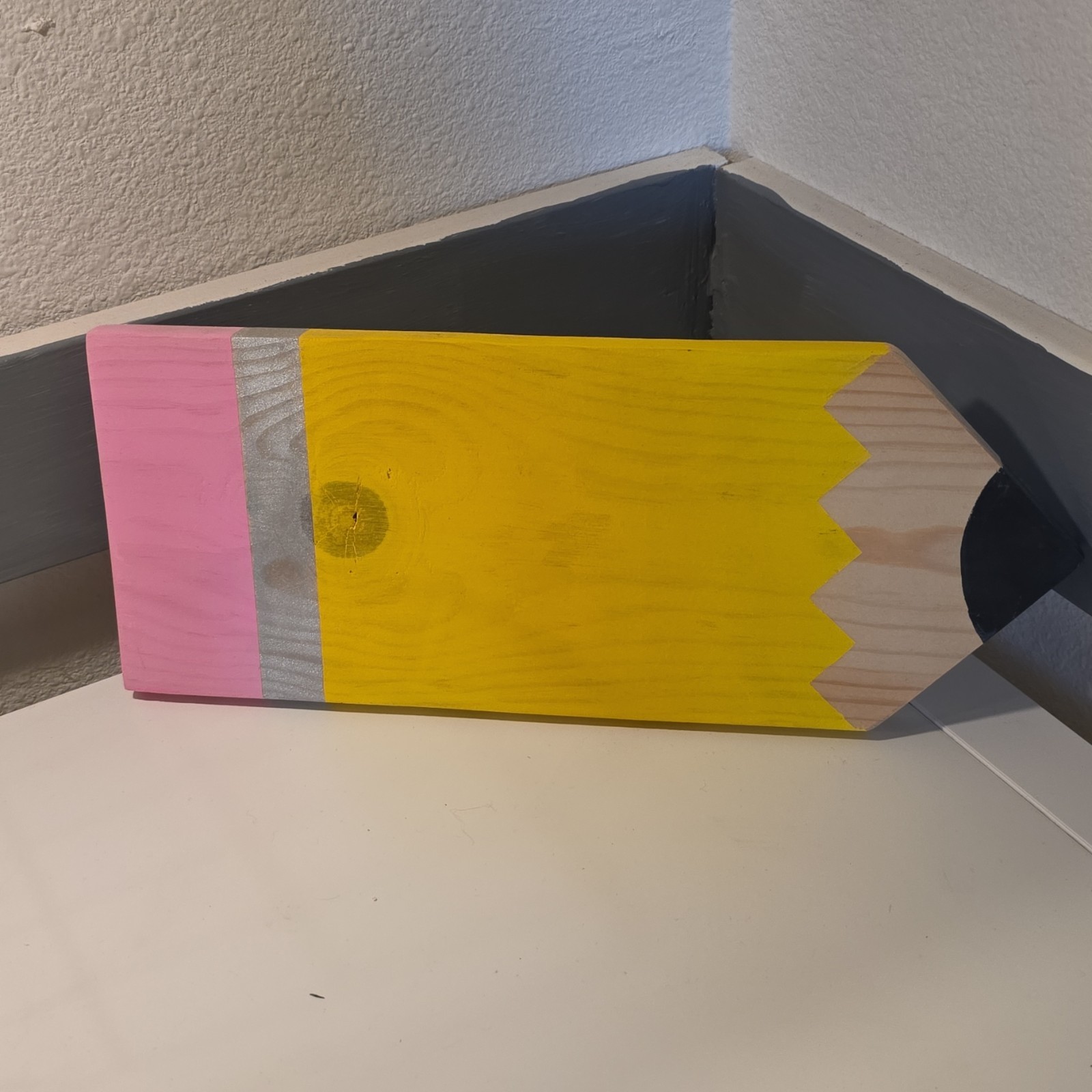 Wood Painted Pencil-Shaped Decorative Plaque Sign, Yellow Pink Gray Black