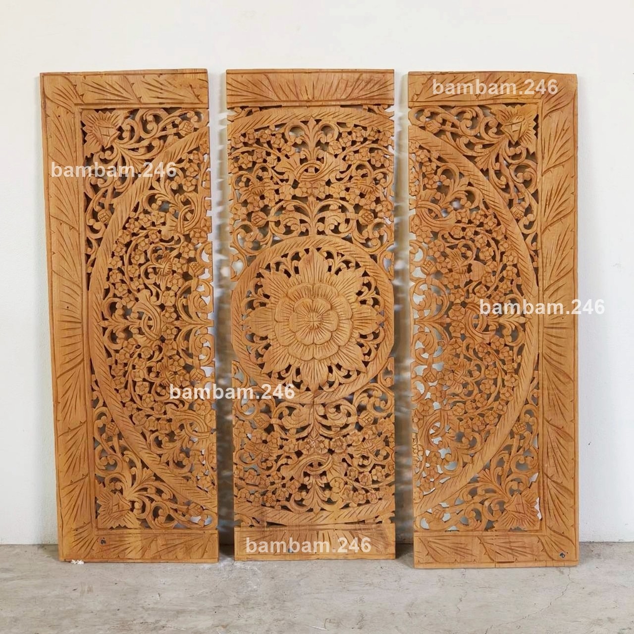 Large Teak Wood Wall Art 3 Panels Floral Flower Headboard Handcrafted Lotus 36″