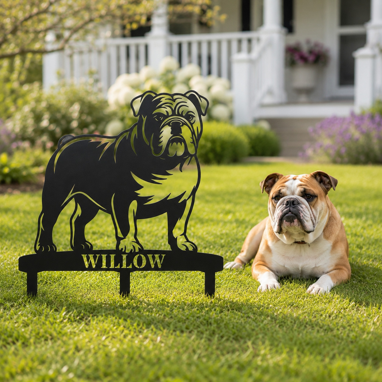 Personalized English Bulldog Garden Metal Sign With Stakes. Dog Lover Name Gift