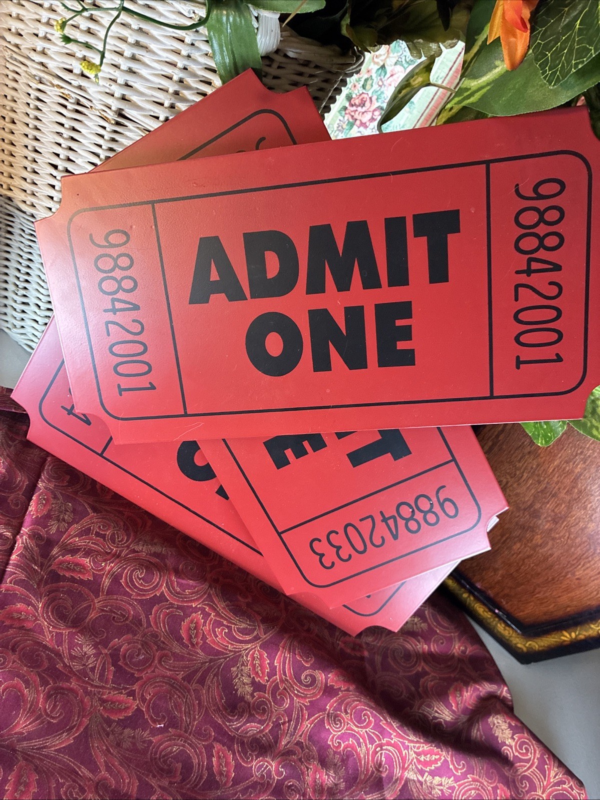3D Movie Theater Wall Decor “Admit One” Red Metal Ticket Sign (3 Tickets)