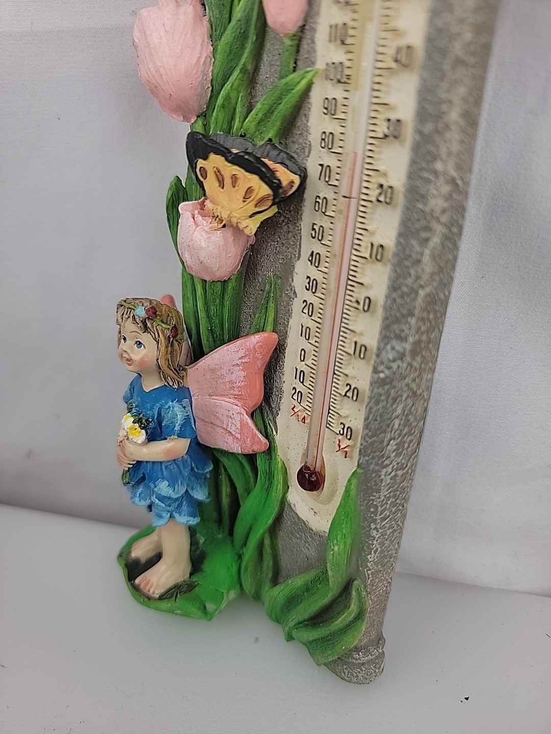 Resin Wall Fairy, Butterflie & Pink Lilies Plaque Thermometer