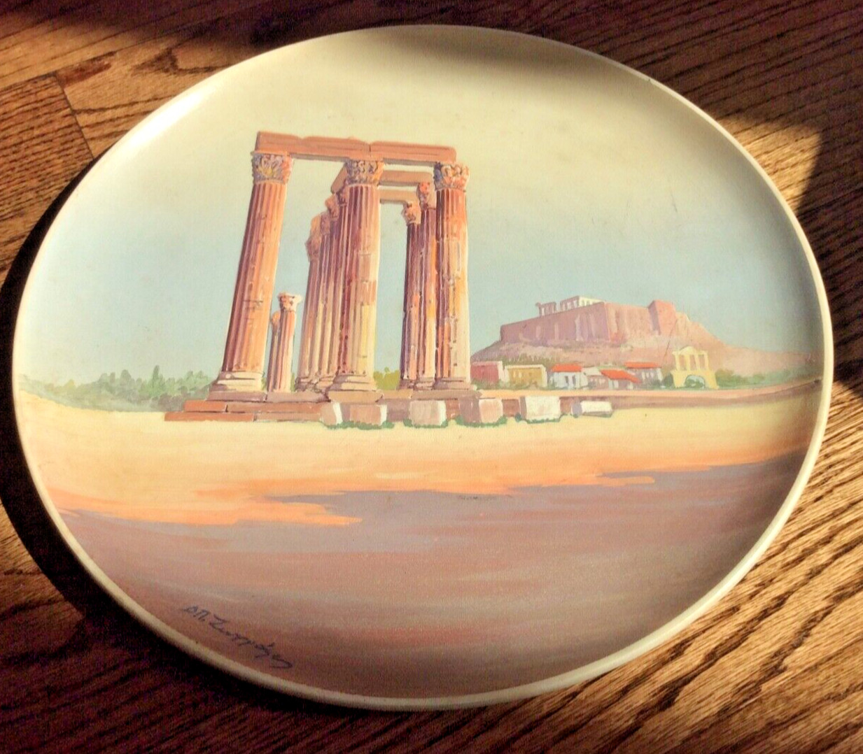 Greek Parthenon Pillars brown beige decor plate pottery Dimitrious signed