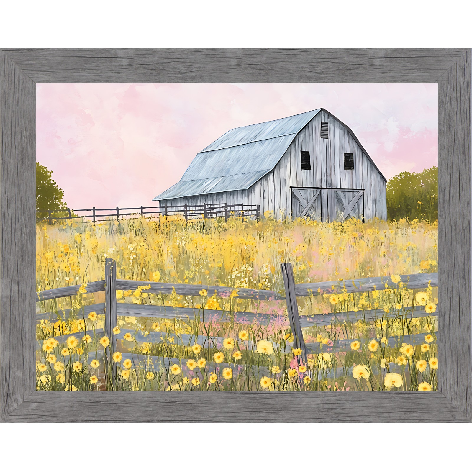 Yellow Wildflower Barn Framed Wall Art Farmhouse Summer Scenic Landscape Decor