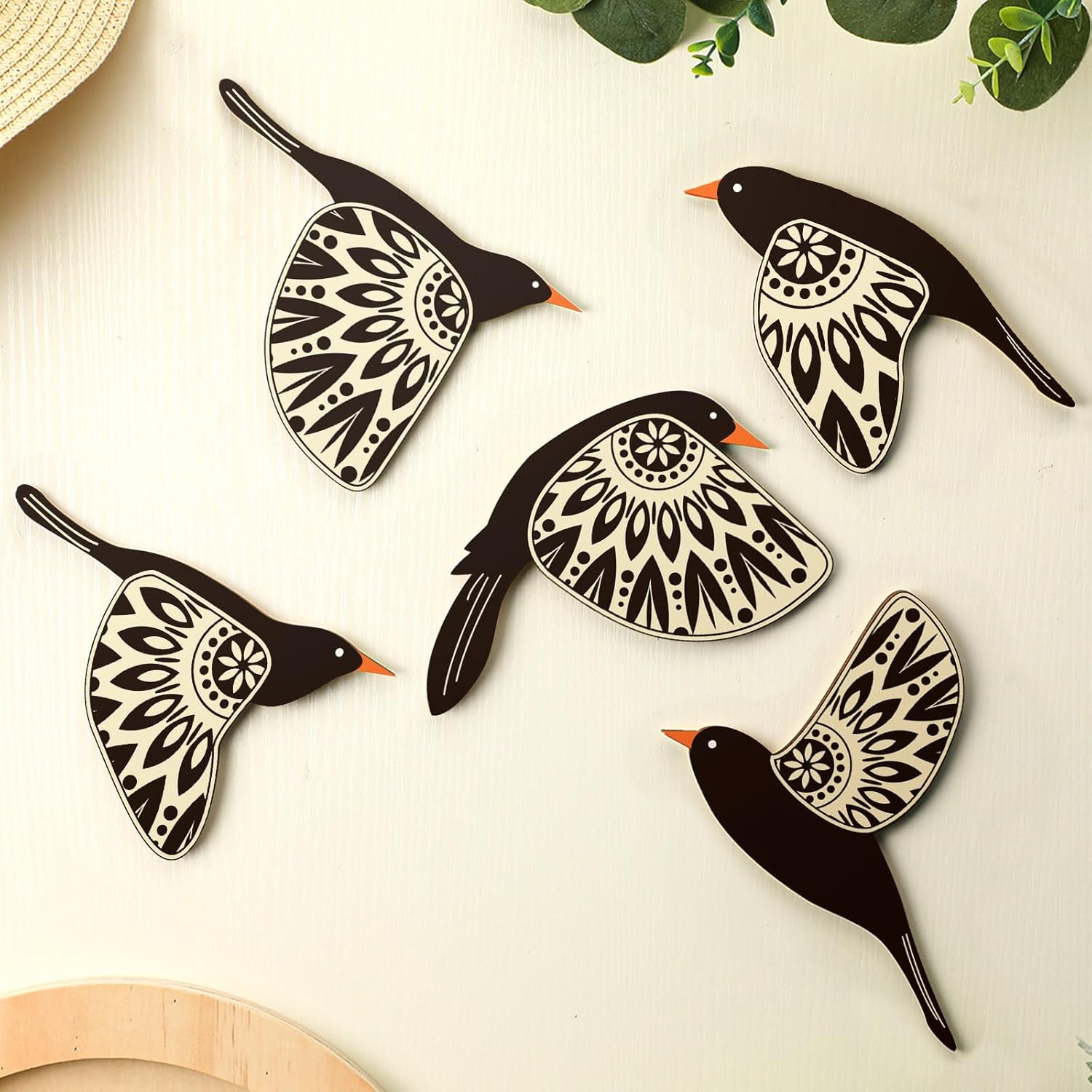 5 Pcs Wooden Bird Wall Art Wood Flying Birds Wall Decor Rustic Folk Art Scandina
