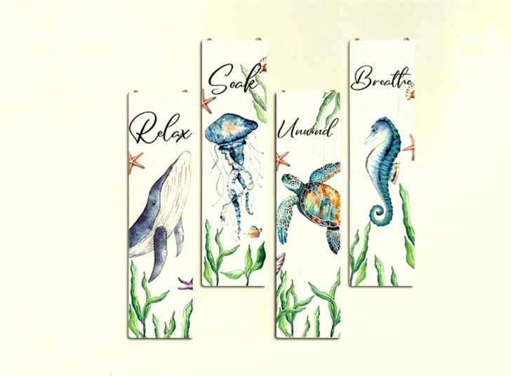 Nautical Hanging Wall Plaques, 4 Pieces – Ocean Style Sea Turtle Wall Art, Marin