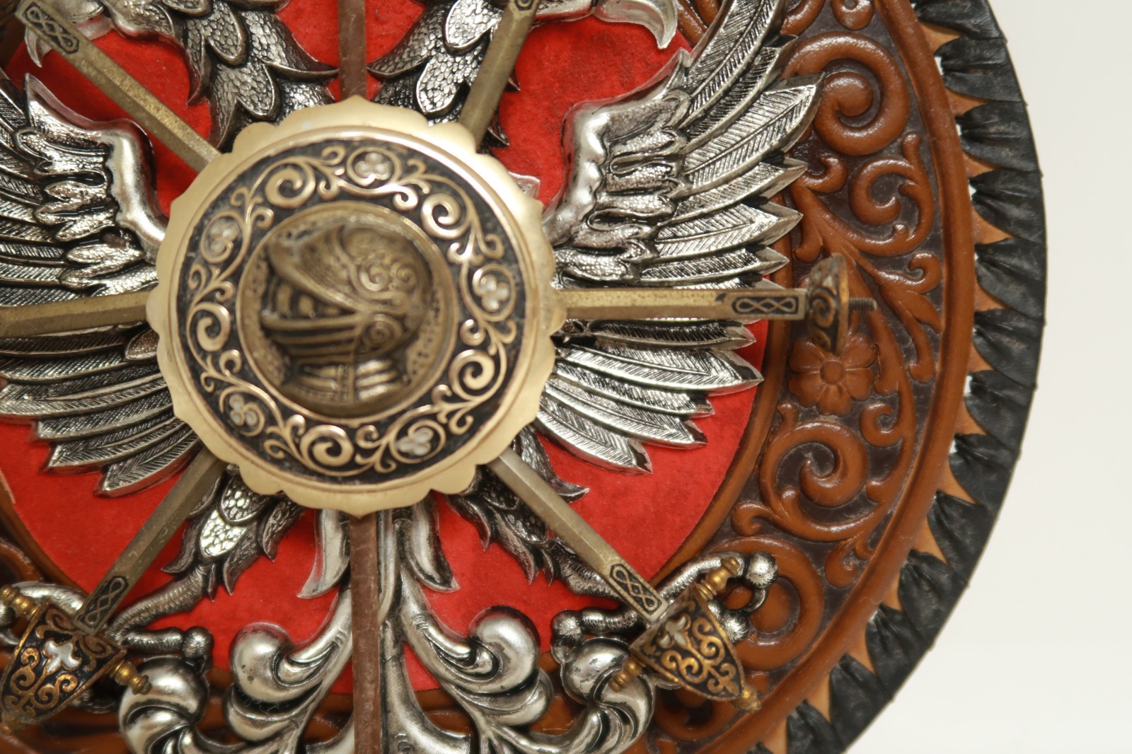 Nordic Wall Art with Mini Swords Leather Material Russian Poland Eagles Ornate