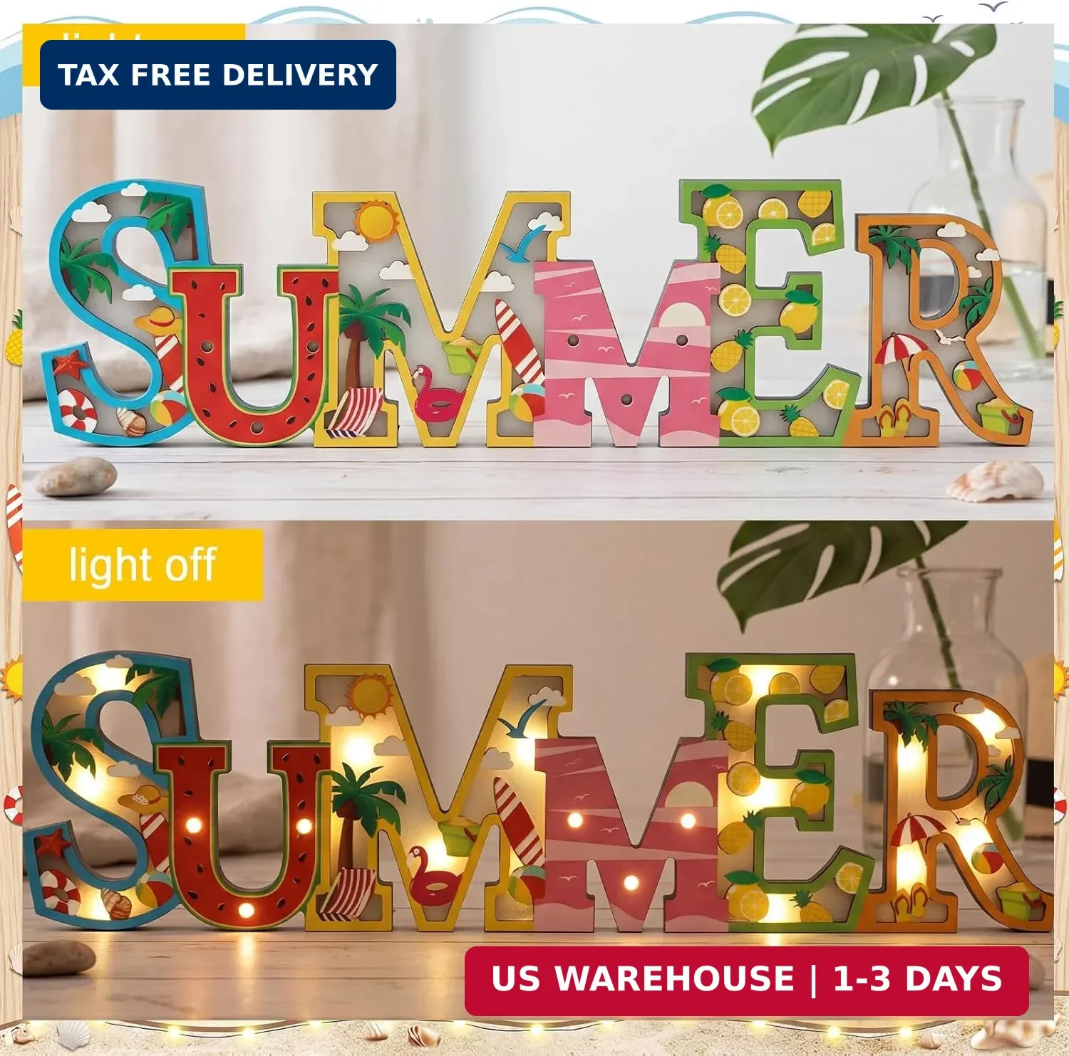 Geetery Summer LED Wooden Sign Watermelon Wooden Words Sign Tabletop Centerpiece