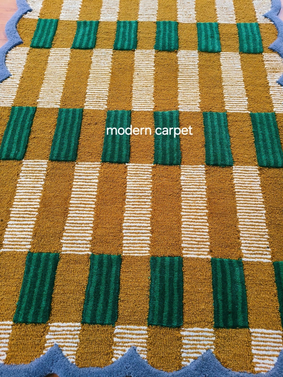 Modern Scalloped Border Area Rug Wavy Checkered Mustard Green Wool Carpet 8×10
